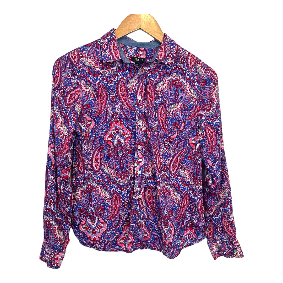 Talbots Paisley Button Down Shirt Top Blouse 8p P8 8 Petites Mp Pm Pink Blue